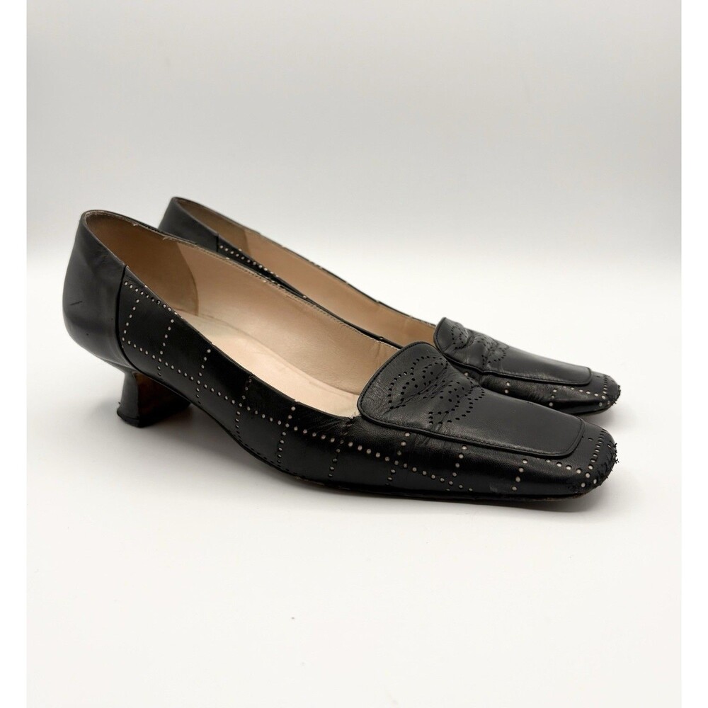 Chanel Black Loafers w/ CC Logo & Perforated Leather Accents Vintage Size EU 37